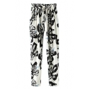 Water Color Floral Print Elastic Waist Pants with Drawstring