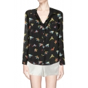Colorful Bird Print Pocket Front Chiffon Shirt with Button