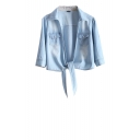 Tie Front Double Pockets Light Wash Collared Crop Blouse