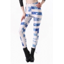 Blue and White Stripe Print Slim Fit Leggings