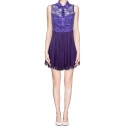 Collared Embroidered Floral Mesh Paneled Bottom Sleeveless Dress