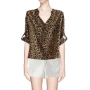 Leopard Print V-Neck Curved Hem Button Through Shirt