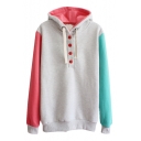 Special Color Block Button Front Hoodie with Long Sleeve