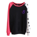 Charming Color Block Star Print Raglan Sleeve Sweatshirt