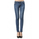 Mid Wash Zipper Fly Skinny Jeans with Whiskering