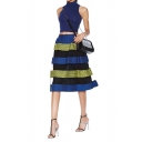 Charming Organza Paneled Stripe Print Skirt with Elastic Waist