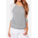 Open Back Lace Insert Round Neck Long Sleeve Tops
