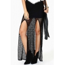 Black Skinny Lace Insert Maxi Skirt with Double Slit Front