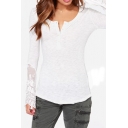 Lace Insert Dip Hem Top with Bell Sleeve