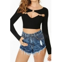 Sexy Cutout Front Long Sleeve Crop Top with Rings