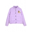 Cartoon Applique Stand Collar Cotton Padded Coat with Single-breasted