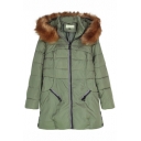 Plain Quilted Cotton Padded Longline Coat with Zipper Fly and Faux Hood