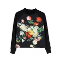 Floral Print Round Neck Long Sleeve Sweatshirt in Zipper Details