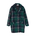 Plaid Pattern Notched Lapel Double-breasted Longline Wool Coat with Belt