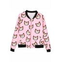 Cat Print Cropped Stand Collar Coat with Zipper Fly