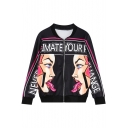 Woman and Letter Print Baseball Jacket with Zipper Fly