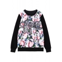 Rose and Letter Print Round Neck Long Sleeve Sweatshirt