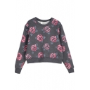 Camellia Print Long Sleeve Sweatshirt with Round Neckline