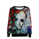 Skull and Rose Print Round Neck Long Sleeve Sweatshirt