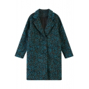 Notched Lapel Leopard Pattern Woollen Coat with Double Pockets Front