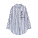 Print Striped Point Collar Long Sleeve Tunic Shirt