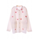 White Embroidered Flower Lapel Boyfriend Coat with Double Pockets Front