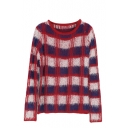 Plaid Round Neck Long Sleeve Mohair Sweater