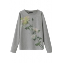 Flower Print Long Sleeve Sweatshirt with Round Neckline