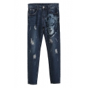 Dark Blue Character Pattern Ripped Skinny Jeans