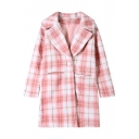 Pink Plaid Pattern Notched Lapel Woollen Coat with Double Pockets Front