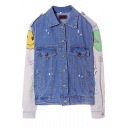Color Panel Cartoon Printed Denim Jacket with Single-breasted