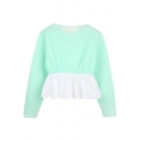 Color Block Round Neck Long Sleeve Top with Ruffle Hem