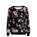 Peach Blossom Print Round Neck Long Sleeve Sweatshirt