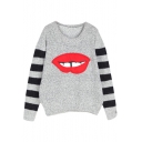 Mouth Pattern Round Neck Long Sleeve Knitted Sweater