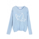Bird Pattern Round Neck Long Sleeve Knitted Sweater