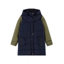 Color Block Zipper&Button Fly Cotton Padded Coat with Detachable Hood