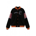 Contrast Stripe and Letter Embroidered Baseball Jacket with Button Fly
