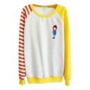 Color Block Round Neck Sweatshirt with One Striped Sleeve