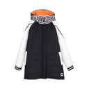 Color Block Contrast Trim and Letter Print Longline Cotton Padded Coat with Hood