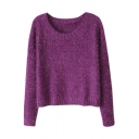 Candy Color Style Plain Long Sleeve Round Neck Fluffy Cropped Sweater