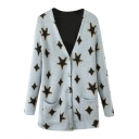V-Neck Gold Five-Pointed Star Jacquard Cardigan with Double Pocket