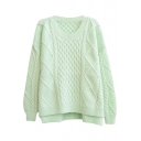 Loose Diamond and Cable Knitted Side Split Round Neck Plain Long Sleeve Sweater