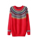 Ethnic Style Pattern Round Neck Sweater with Raglan Sleeve