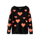 Orange Heart Pattern Long Sleeve Knitted Sweater with Round Neckline