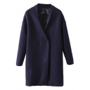 Plain V-Neck Double-Breasted Long Sleeve Woolen Coat