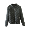 Black Plain Plaid Quilted Stand-Up Collar Zippered Long Sleeve PU Jacket
