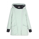 Contrast Cuff Hooded Cotton Padded Midi Coat with Inclined Zipper Fly
