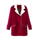 Varsity Inclined Zipper Fly Color Block Wool Coat with Lamb Hair Notched Lapel