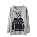 MR.Rabbit Pattern Long Sleeve Sweater with Round Neckline