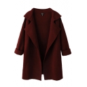 Plain  Notched Lapel Collar Open Front Knitted Midi Coat